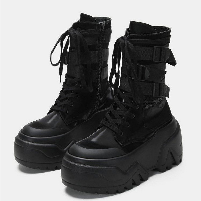 Motorcycle Gear Pants - Modische Damen Chunky Platform Motorradstiefel Weiße